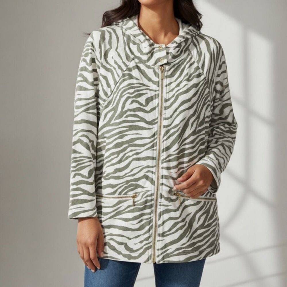 Chico’s Weekends Zebra Print Zip Front Hoodie Jacket Cotton Blend Size 2‎ Large